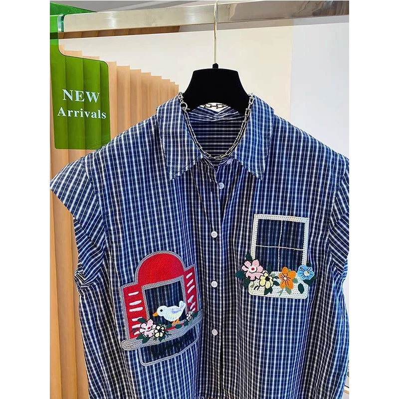 Chemisier sans manches à col rabattu pour femme, décontracté, coréen, boutons, nouveau Style Preppy, chemises brodées de dessin animé, vêtements pour femmes, été