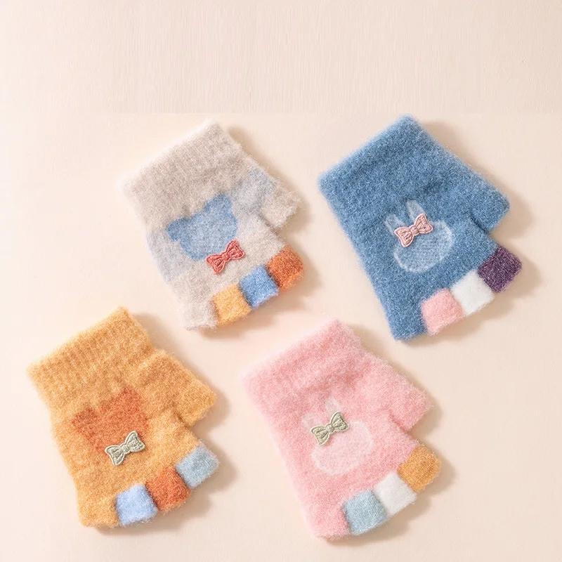 

6 Colors Winter Baby Gloves for Girls Cute Bunny Half-Finger Cover Gloves Kids Warm Cartoon Five Fingers Gloves 0-3Y