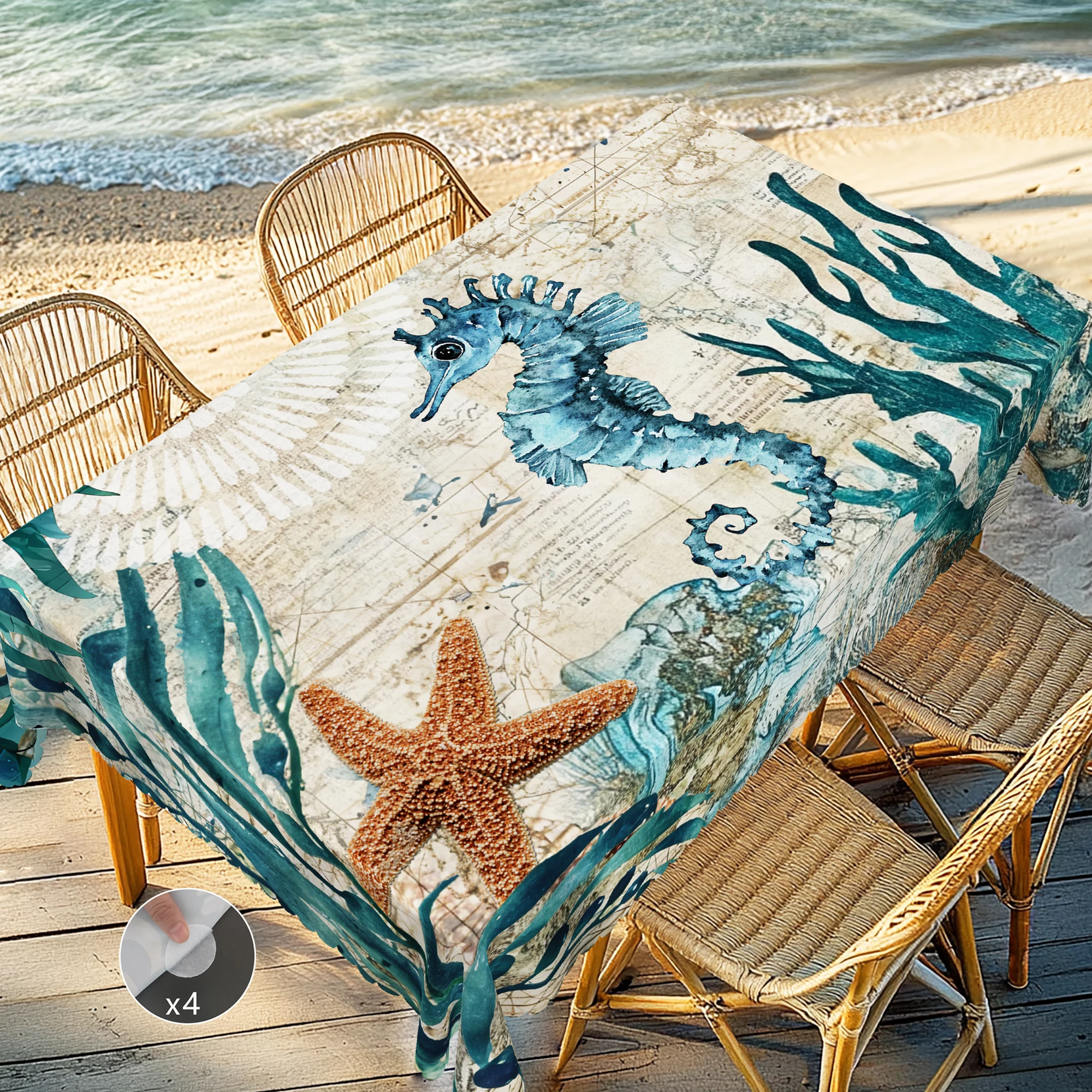 1 pieza de mantel impreso con tema de océano retro de verano, caballito de mar, algas, diseño de patrón de estrella de mar, adecuado para picnic, fiesta de cumpleaños de jardín, accesorios de cocina, terraza de restaurante, uso interior y exterior, varios tamaños disponibles
