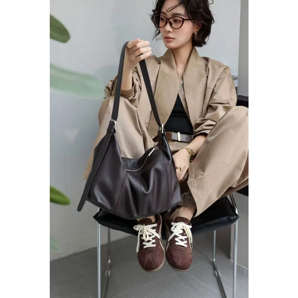 Light Luxury Premium Sense Tote First Layer Cowhide Retro Fashion Women's Bag Large Capacity Shoulder Messenger Casual Versatile
