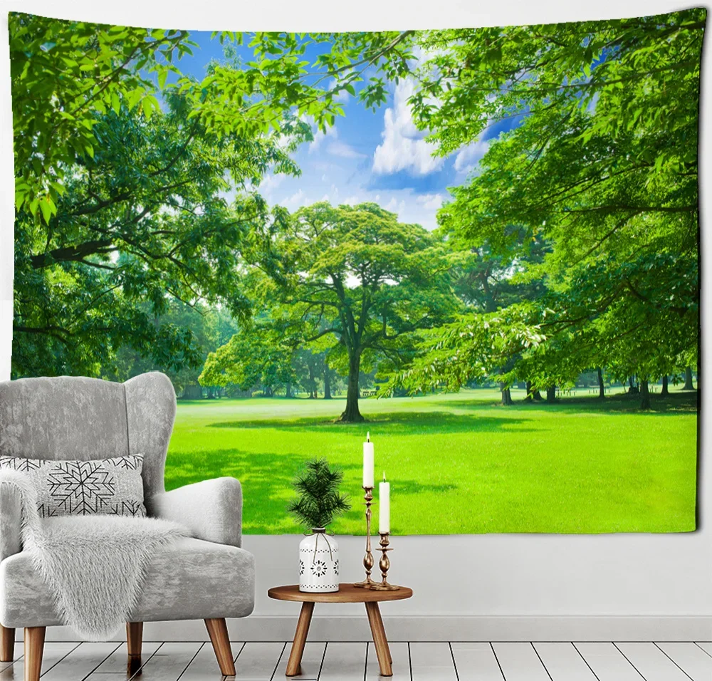 טפסרי קיר עם שמיים כחולים ויער, נוף טבעי בסגנון בוהו, צמחים טרופיים, רקע אמנותי לבית, בד קישוט