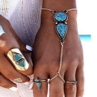 Women Boho Retro Celebrity Turquoise Slave Chain Ring Bracelet Hand Harness Chain Ring Bracelet for Women Girls Jewelry Gifts