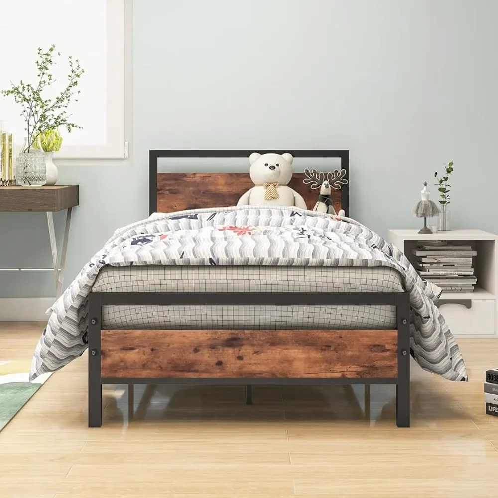 

Bed Base Steel Slats Size Bed Frame With Wood Headboard Bedroom Furniture No Box Spring Needed Black and Rustic Brown Home