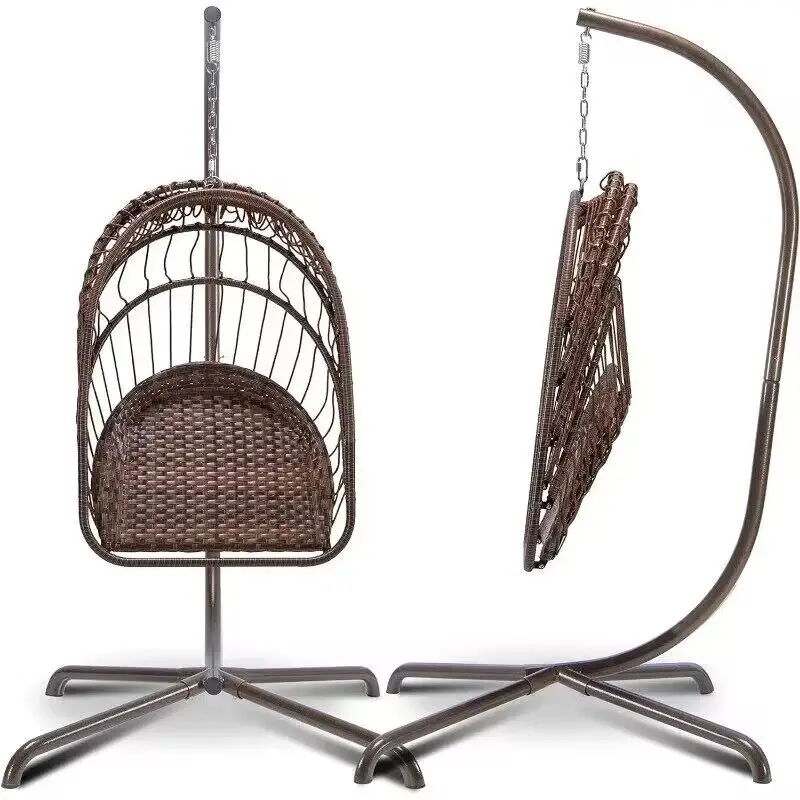 Brown Egg Hammock Chair with Stand Outdoor Patio Egg Swing Chair with Stand Swing with Cream Color Cushion Swing Chair