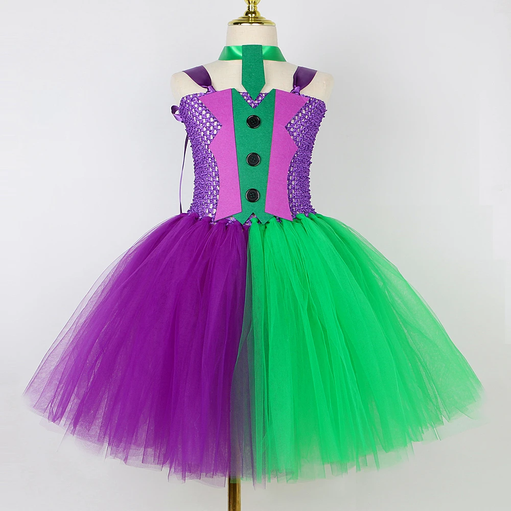 Fleck Clown Halloween Costumes for Girls Purple Green Joker Cosplay Dresses for Kids Carnival Party Outfits Children Anime Tutus