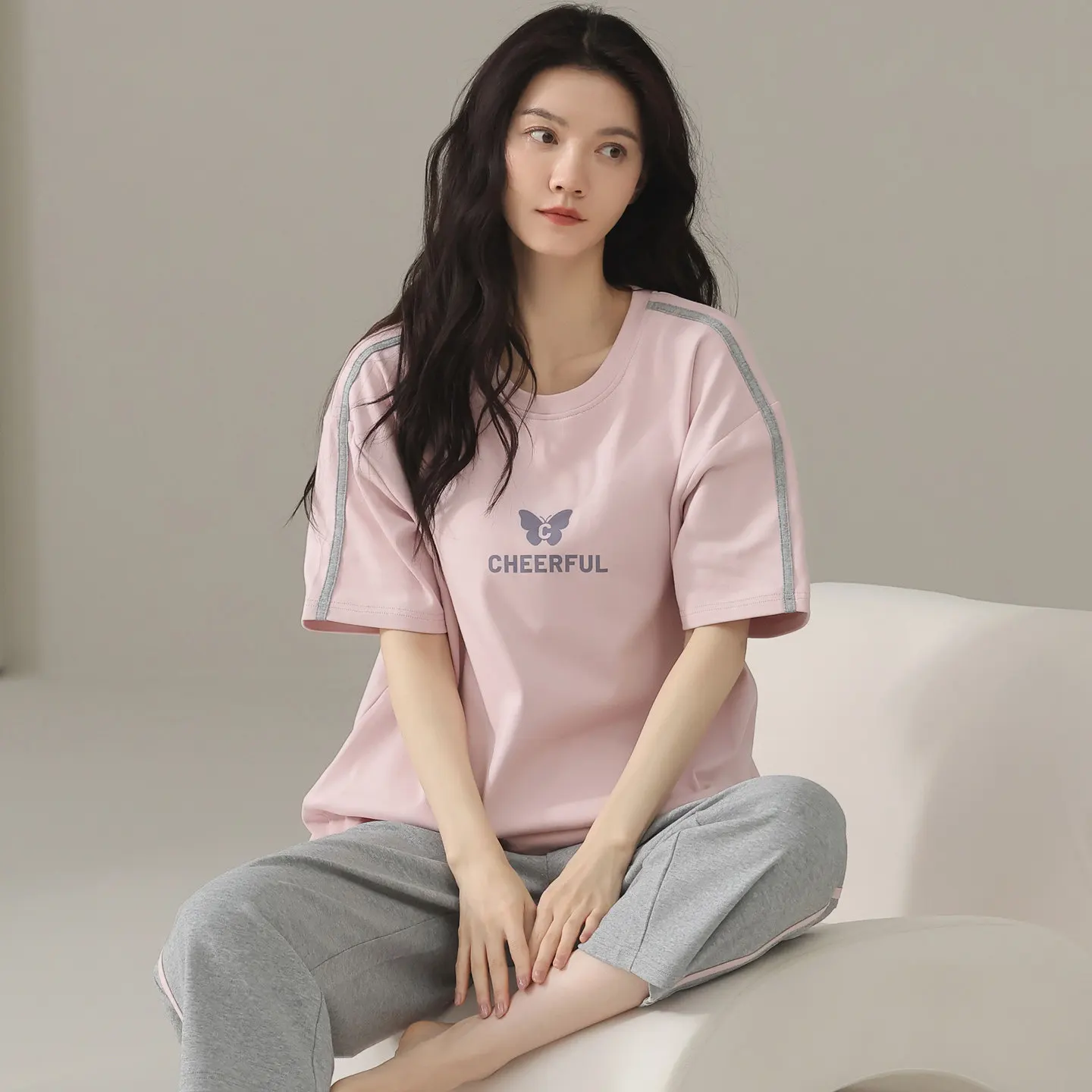 

Women Summer Cotton Pajamas Set Short-Sleeved Homewear Calf Pant Casual Teenage Students Sleepwear Comfortable Home Clothes