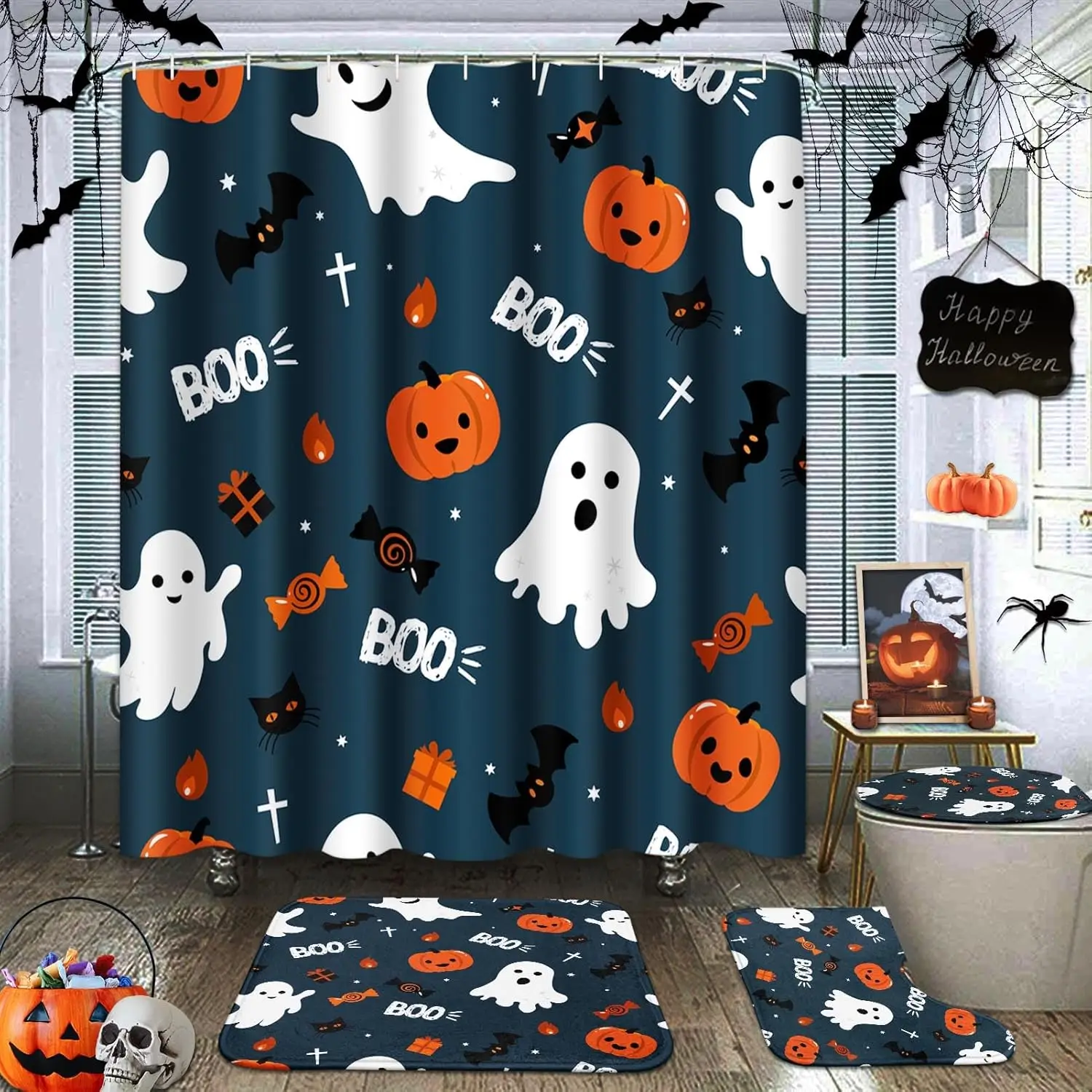Fun Halloween Cute Ghosts Bathroom Set with Shower Curtain and Rugs Accessories, Spooky Shower Curtain for Bathroom Decor 4 Pcs