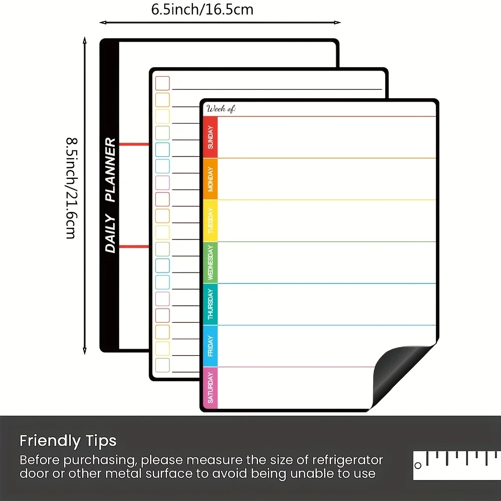 3pcs Magnetic Dry Erase Calendar Set - 6.5x8.5 Weekly, Daily, List Boards Fridge - 2 Markers Included - Flat in Box