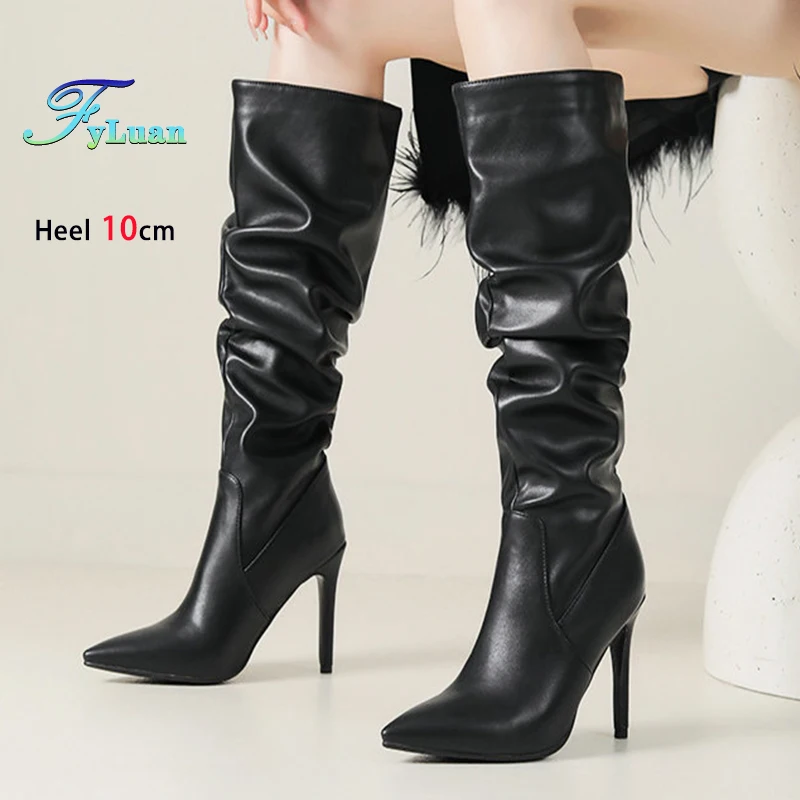 

Новинка 2023 года, женские сапоги до колена, обувь для вечеринок 10 см, модные плиссированные высокие сапоги на шпильке с острым носком, размер 34–43, высокие каблуки, Botas Mujer
