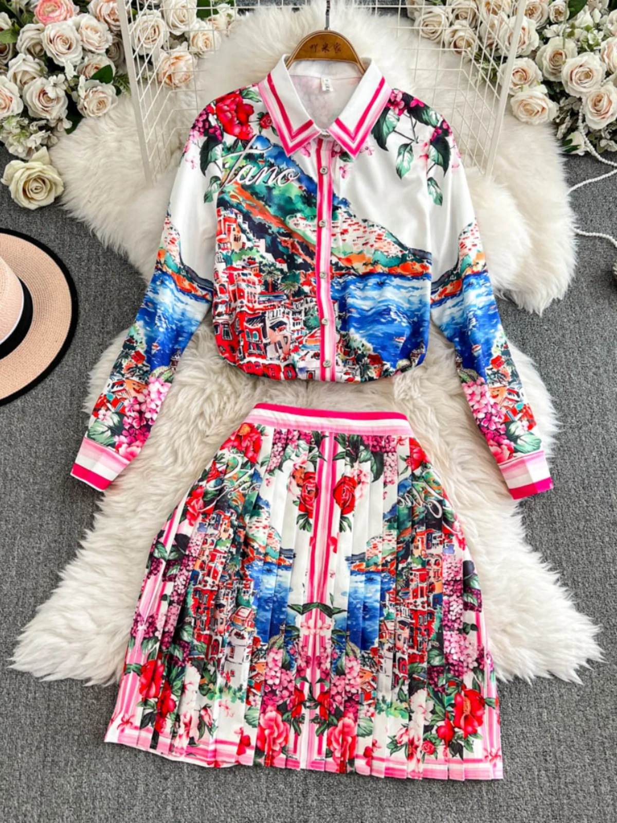 

Spring Summer Print Floral Pleated Skirt Two Piece Set for Women High Wasit Short Skirt and Shirt Top 2 Piece Sets Outfits