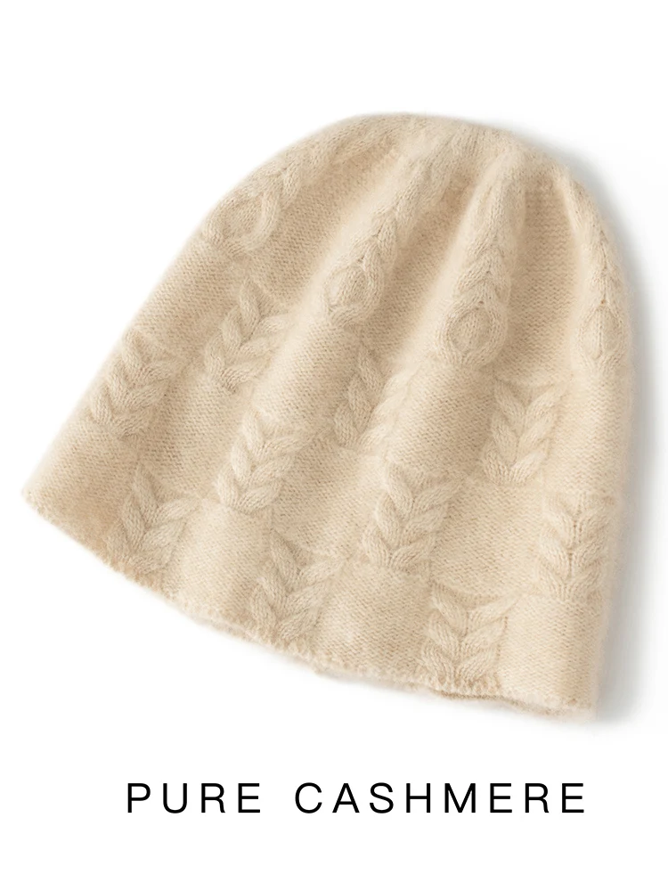 秋冬新作 レディース 100%カシミヤ ケーブル編み帽子 暖かいプルオーバーキャップ カジュアル シンプルスタイル 高品質カシミヤ帽子 トップス