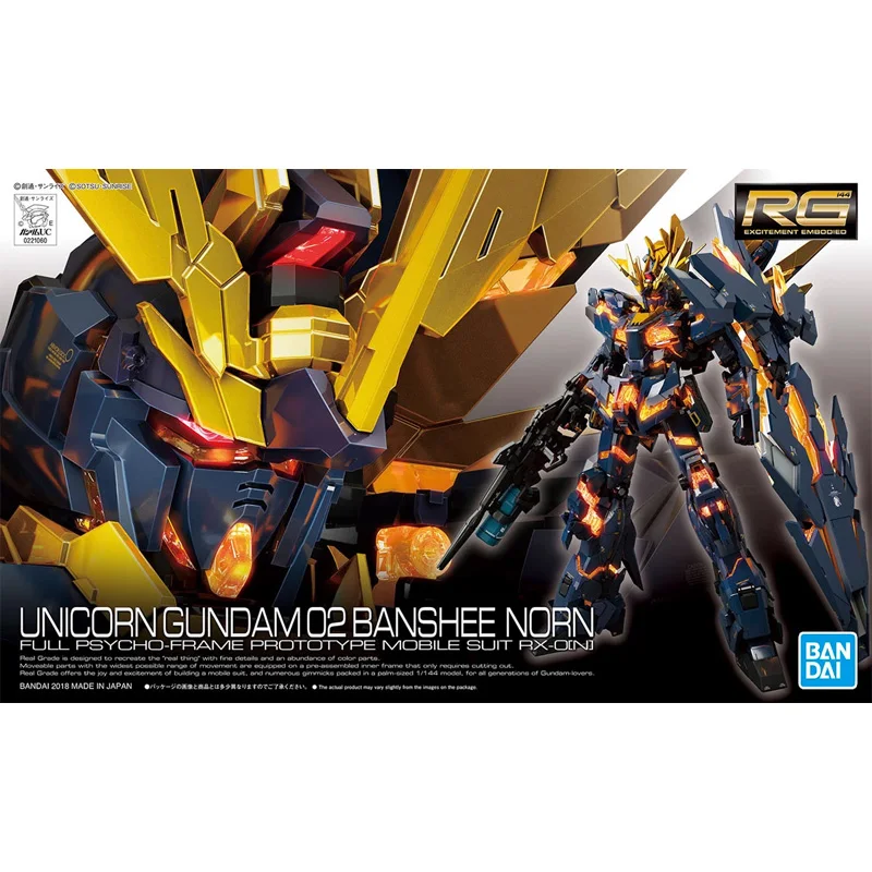 Bandai-figuras de acción de Gundam para niños, juguetes de colección de Gundam, RG 1/144, Unicorn Gundam 02, Banshee Norn