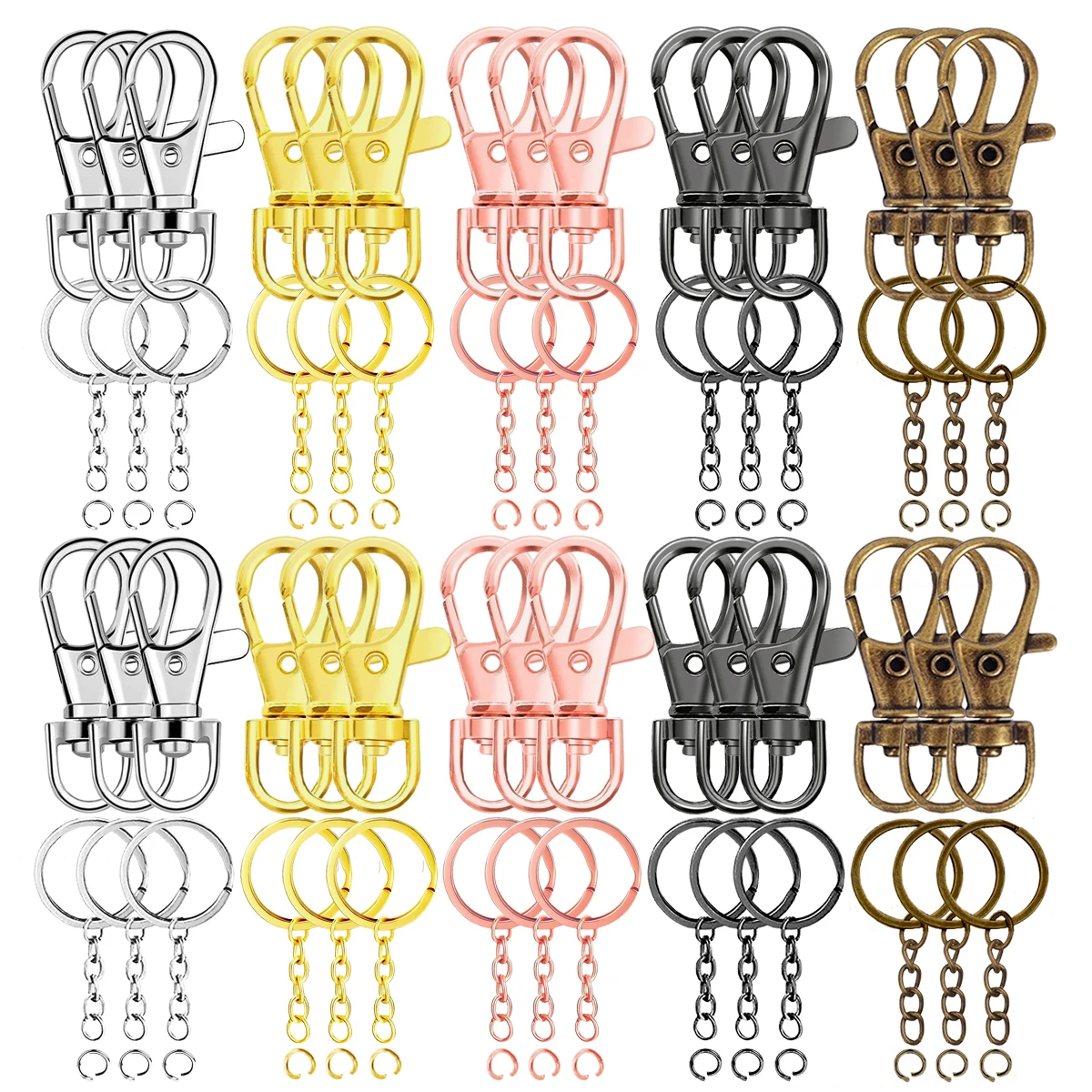 10/25 Sets of Spring Hooks with Chains and Jump Rings, Rotating 35mm Key Rings, Flat Key Rings, Open Jump Rings, Suitable for Keychain Lanyards, DIY Jewelry Crafts Accessories