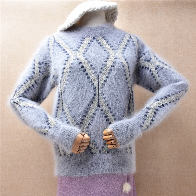 Ladies Women Fall Winter Grey Striped Hairy Angora Rabbit Hair Knitted O-Neck Long Sleeves Loose Pullover Sweater Jumper Pull