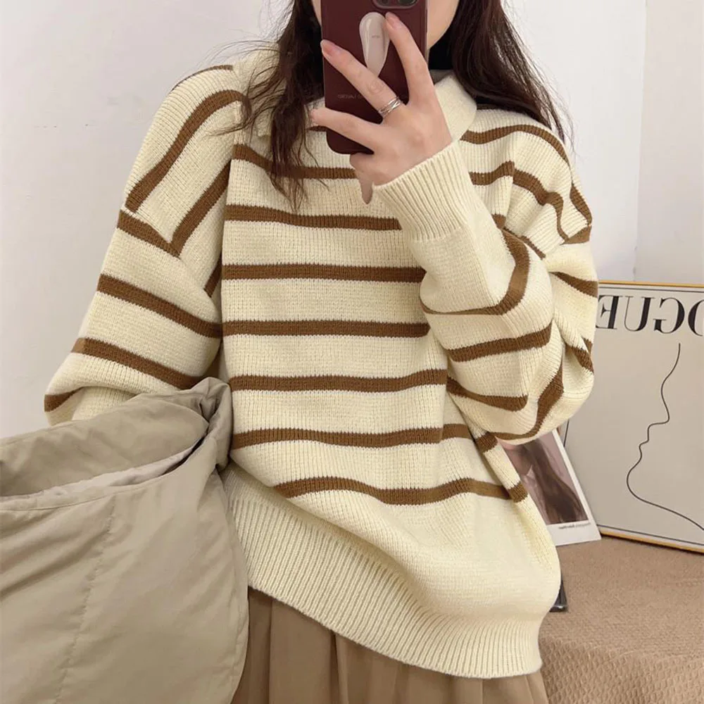 Sweaters Autumn Winter Women Clothes Fashion Stripe Knitted Long Sleeve Sweater Tops Casual Oversized Pullover Streetwear