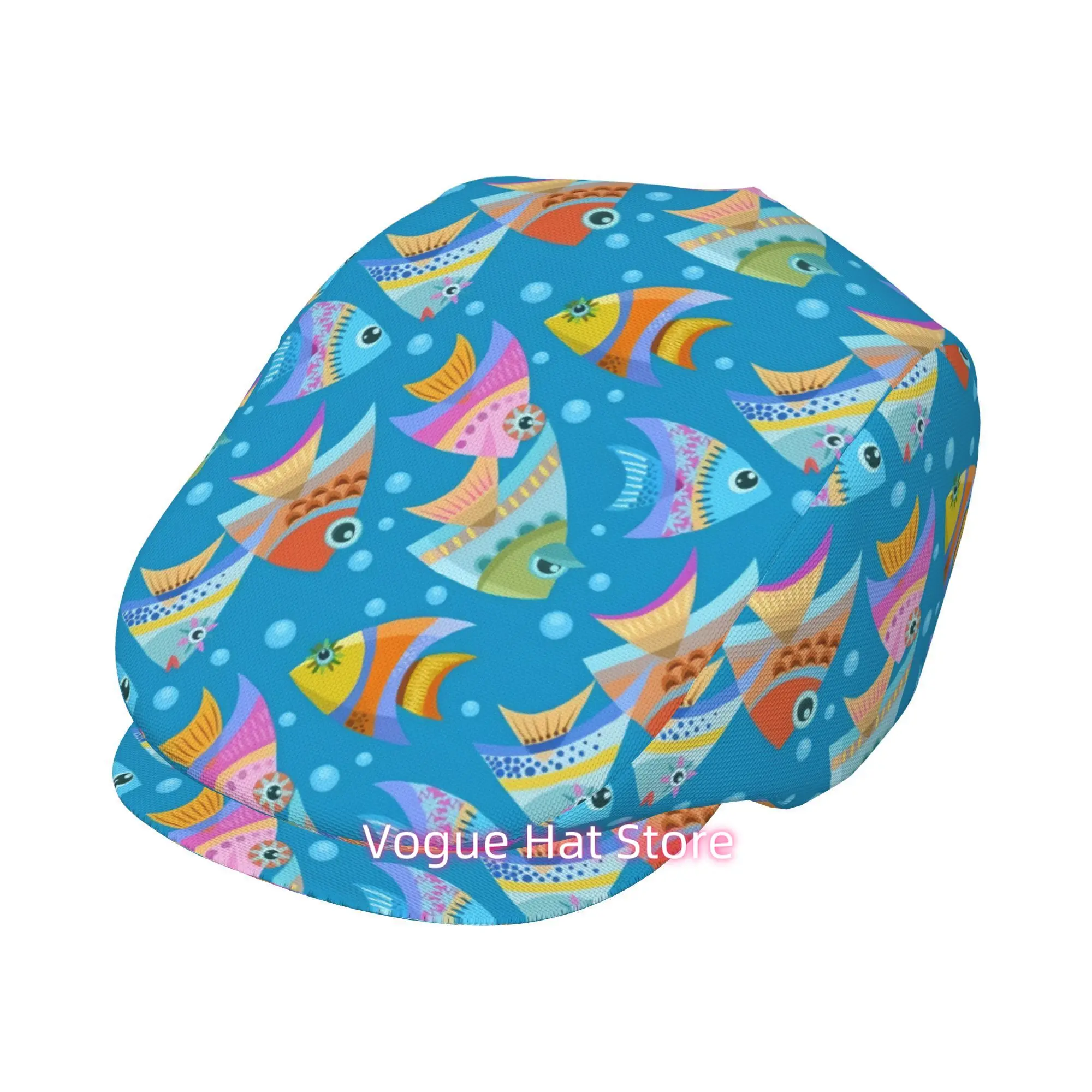 1pc Colorful Fish Playfully Frolic All-Over Printed Beret, Retro Newsboy Cap, Unisex, Essential Fashion Accessory for Outdoor Le