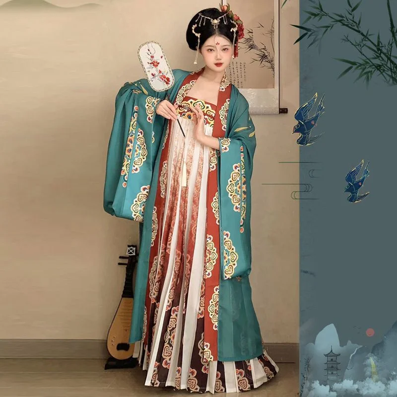 Original Hanfu Women Ancient Costume Elegant Tang Dynasty Traditional Princess Dress Cosplay Flower Print Dance Stage Dress Set