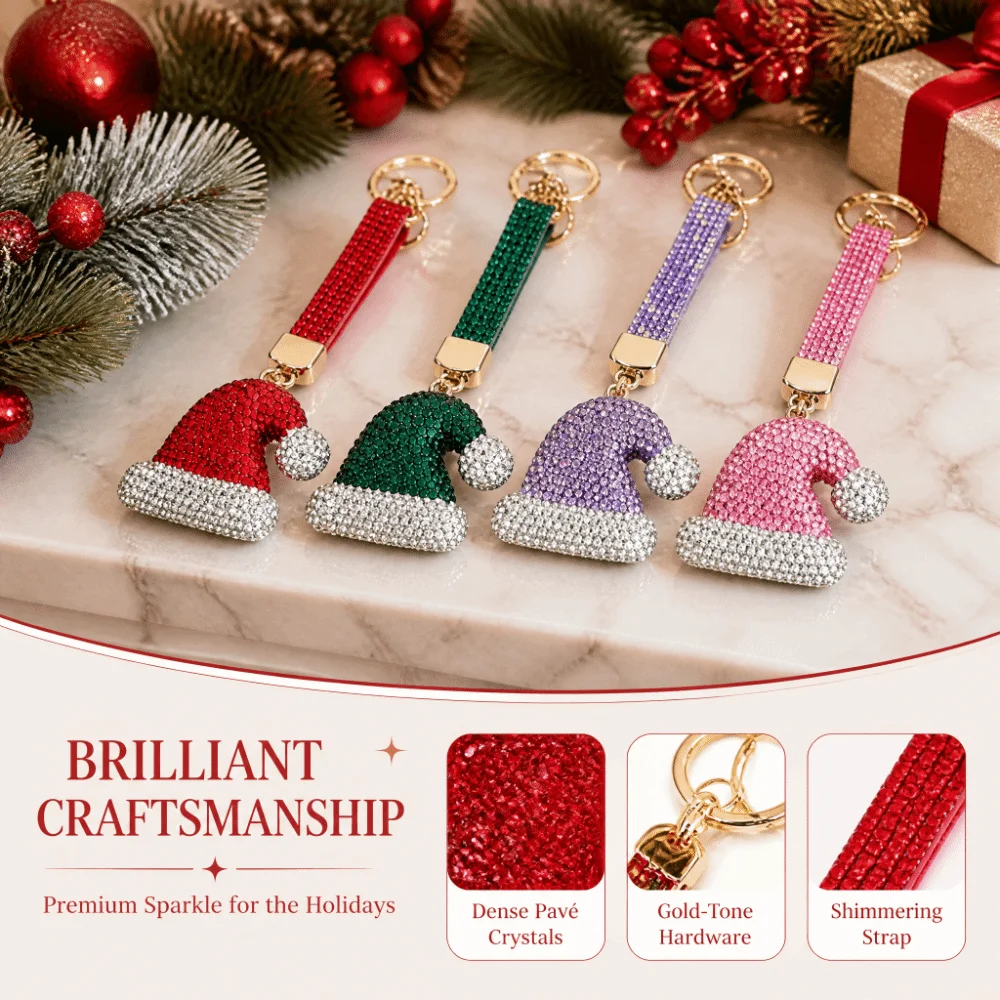 Santa Claus Rhinestone Christmas Keychain Christmas Stocking Christmas Hat Metal Xmas Pendant Blingbling Decoration