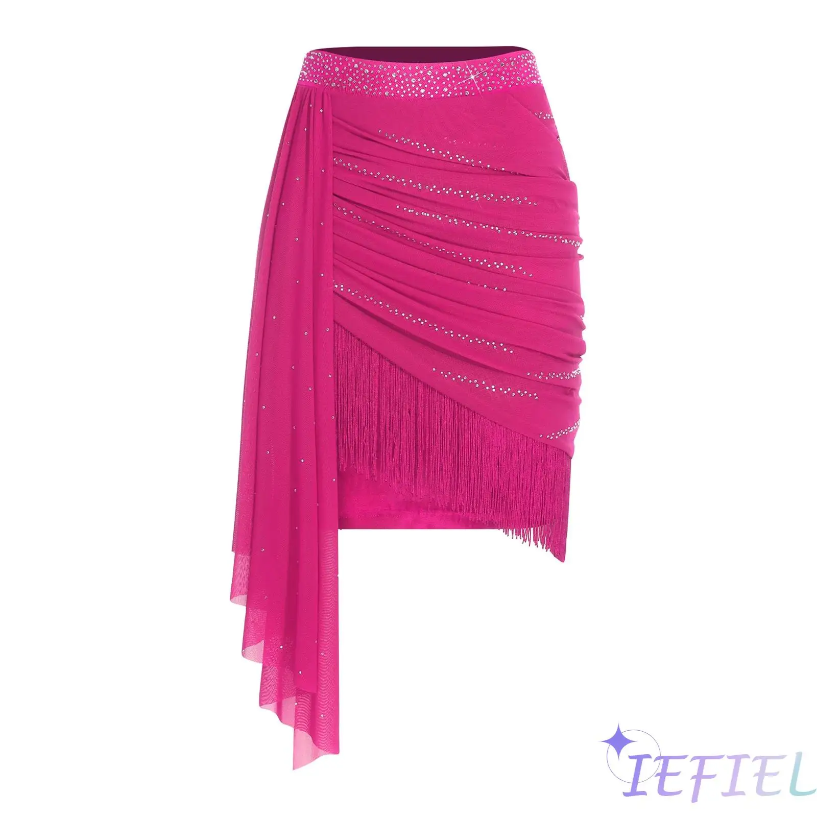 

Women Shiny Rhinestones Tassels Salsa Latin Dance Skirt Elastic Waistband Mesh Drape Ruched Skirt for Tango Salsa Cha Cha Dance