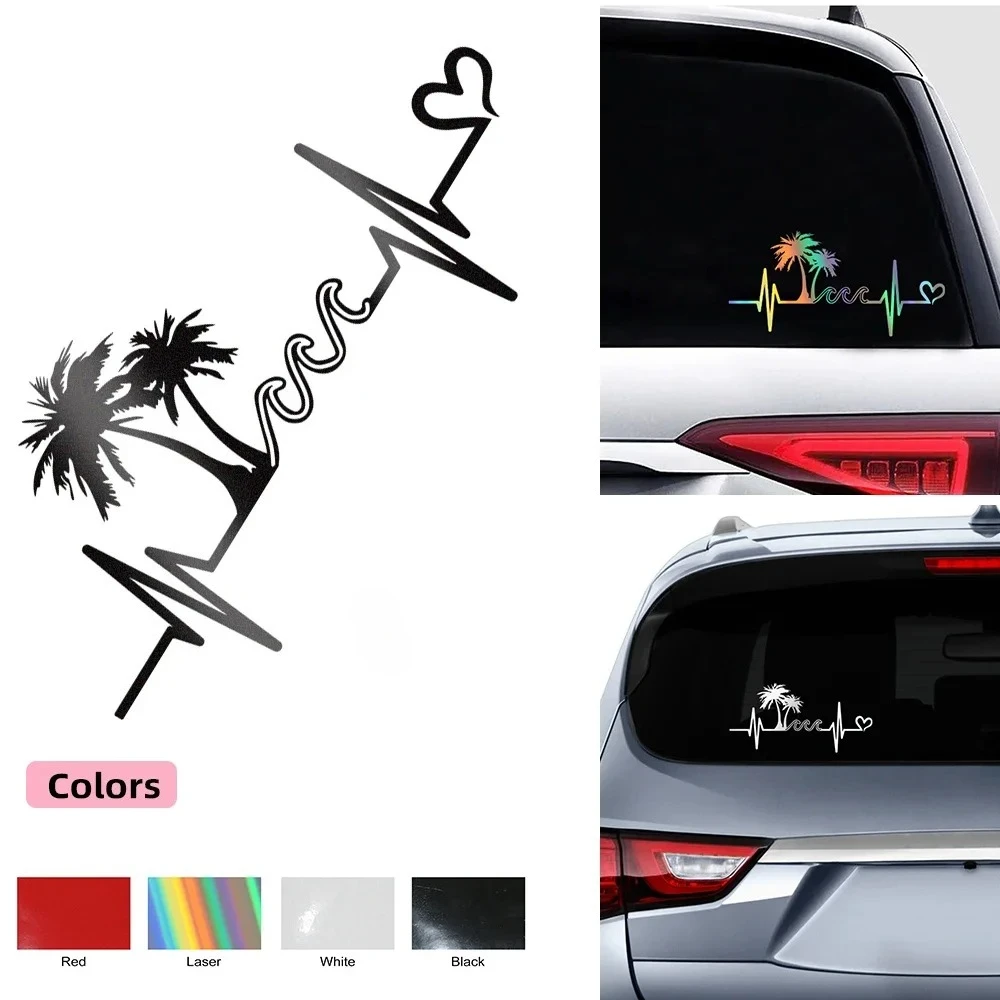 Pegatinas reflectantes para coche, calcomanía creativa para parabrisas, ventana y carrocería, con motivos de palmera, olas de playa y latido de corazón, accesorios de tuning para motocicleta