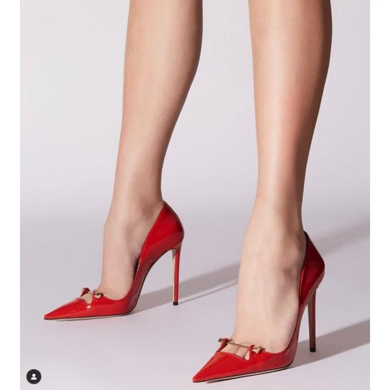 2026 new fashion women's single shoes pointed shallow mouth red patent leather metal buckle slim high heels women's shoes