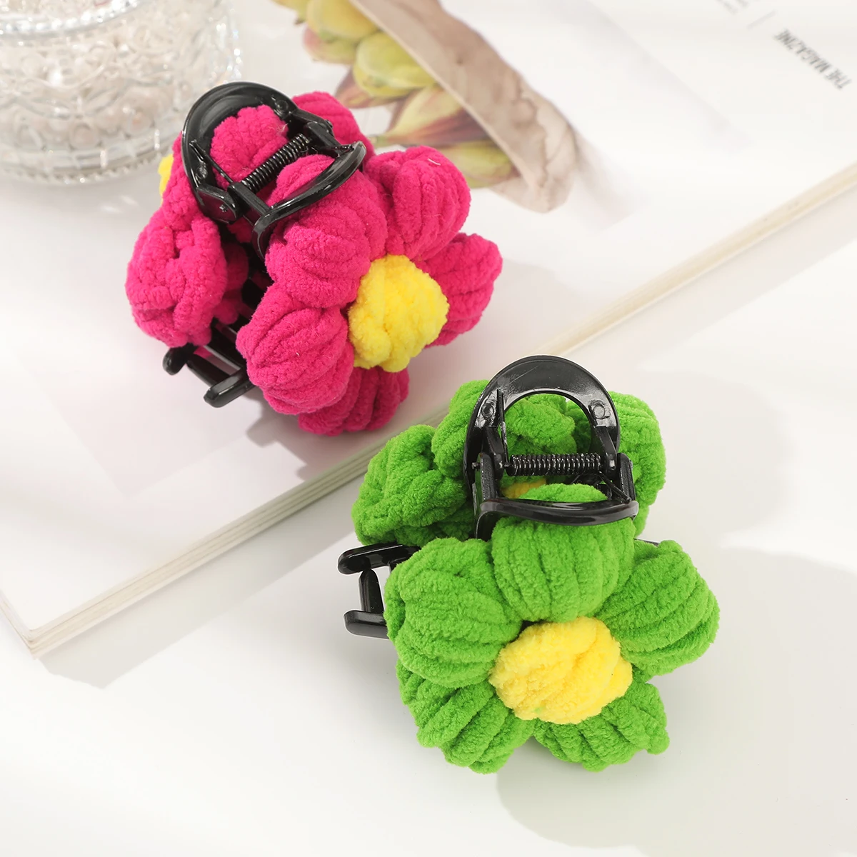 AWAYTR Yarn Pink Flower Hair Claw Clips Women Girls Soft Flowers Ponytail Holder Hair Clamps Barrette Fashion Hair Accessories