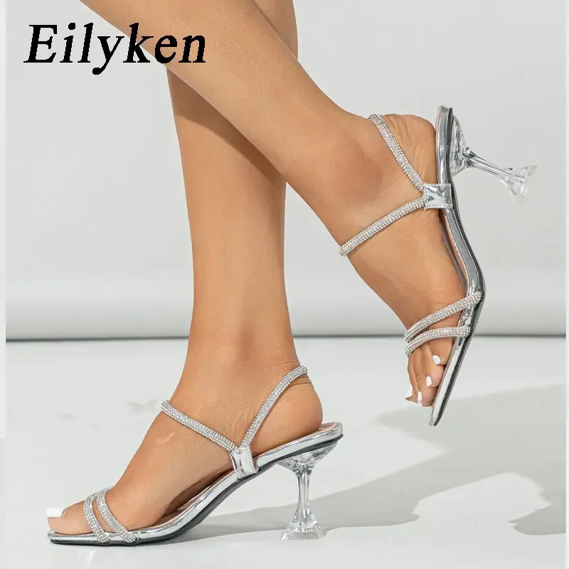 Eilyken Crystal Rhinestone Woman Slippers Fashion PVC Transparent Slides Clear Strange High Heels Sandals Ladies Shoes