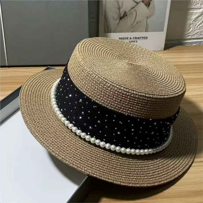A new style of elegant straw-woven flat-topped hat for women's outing sun-shielding flat-brimmed top