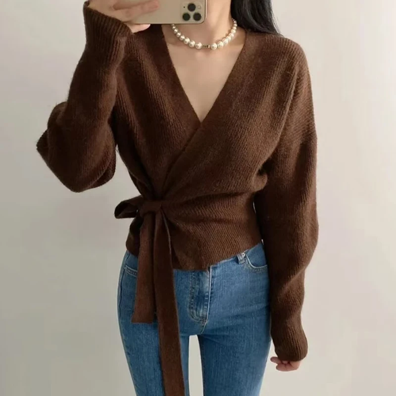 Kimotimo Chic Knitted Cardigan Women Cross V Neck Side Bandage Waist Cropped Sweater Autumn Winter Solid Lazy Long Sleeve Tops