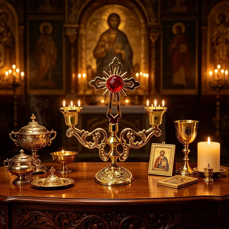 Luxuriöser, vergoldeter orthodoxer Dreiflammiger Kreuzleuchter mit großem farbigem Kristall-Edelstein, floral geschnitztem, hohlem Sockel für den Kathedralenaltar. – Detail 3