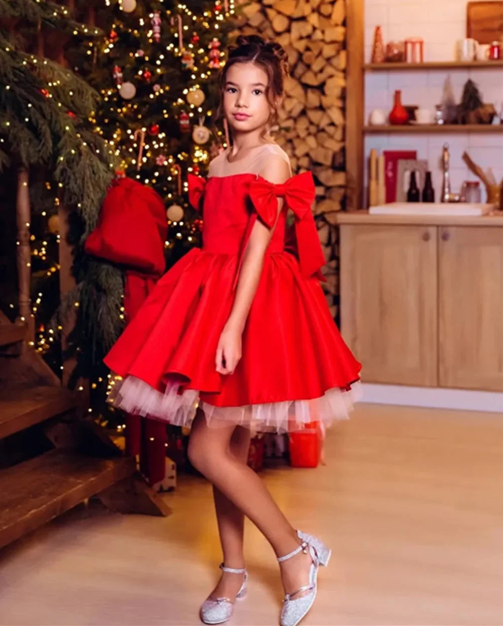 

Customized Red Flower Girl Dresses For Wedding Off Shoulder With Bow Fluffy Birthday Party Evening Banquet Formal Events Gown