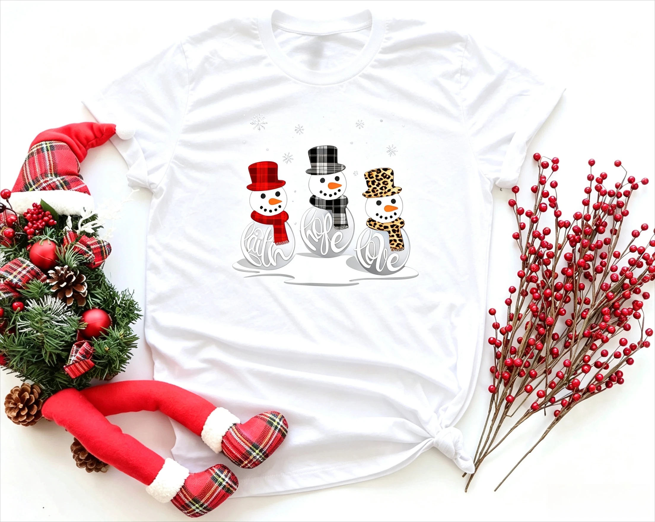 Women Christmas Snowman T Shirt Faith Hope Love Leopard Plaid Snowflake Print Short Sleeve Round Neck Xmas Holiday Casual Wear