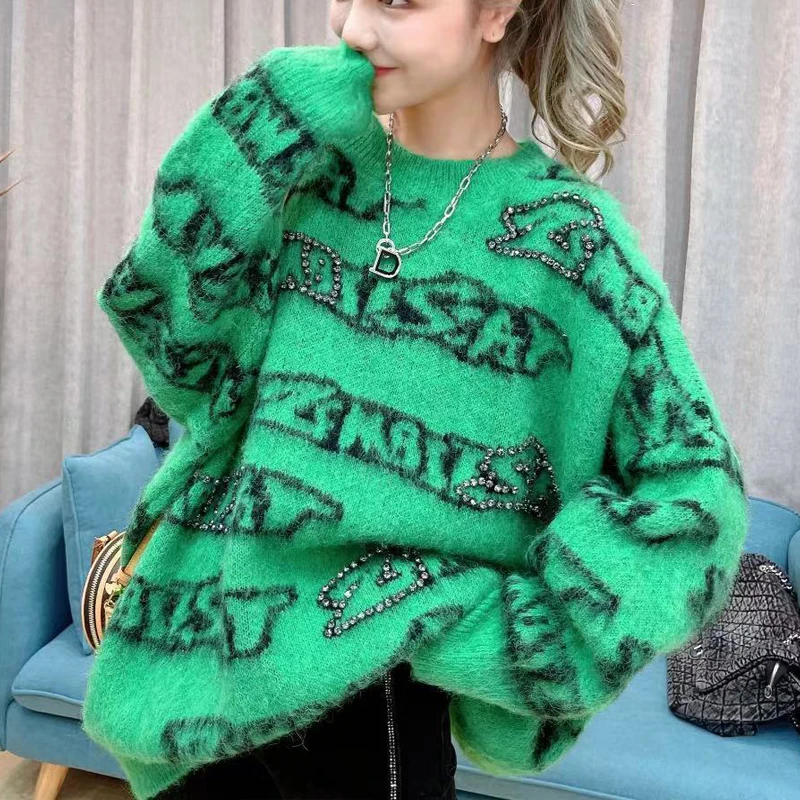 المرأة الكورية رسالة حجر الراين الشارع الشهير Y2K كبيرة الحجم شيك محبوك سترة الخريف الشتاء س الرقبة طويلة الأكمام البلوز تونك القمم