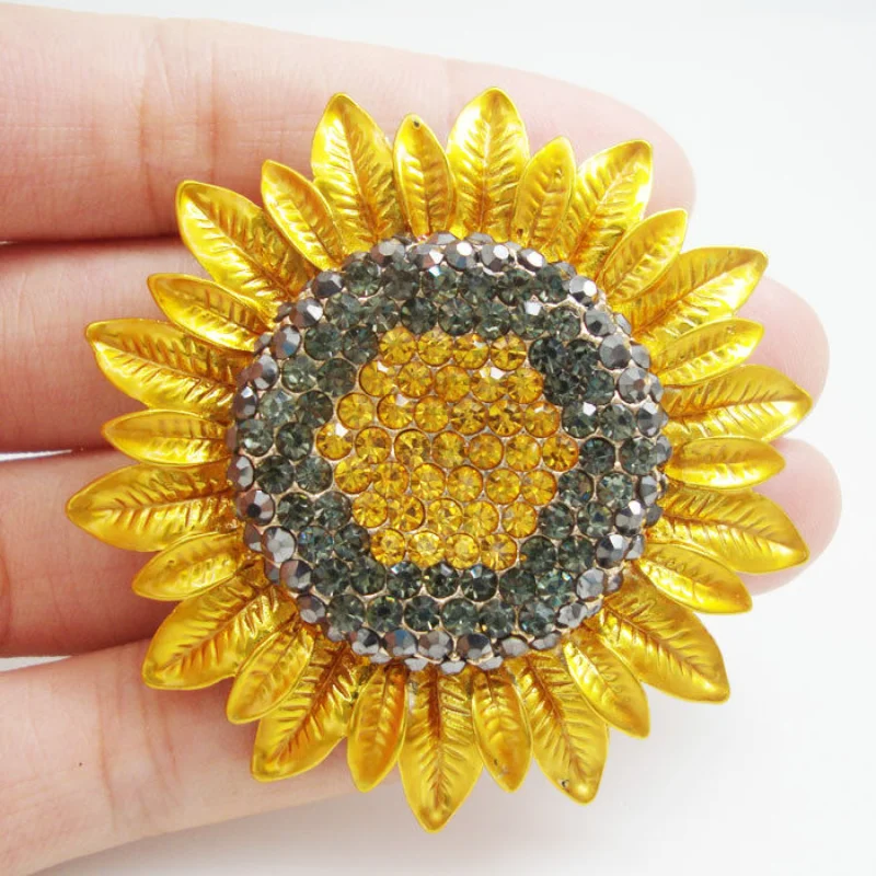 Fashion Jewelry Charming Sunflower Flowers Yellow Rhinestone Crystal Brooch Pin Designer Flower Party Office Brooch Pins