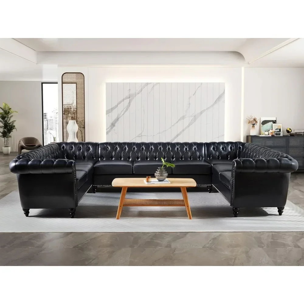 Retro U-Shaped Sofa Sectional Leather Faux Couch 9-Seater Upholstered Large Accent Tufted Sofa With Rolled Armrest And Nailhead