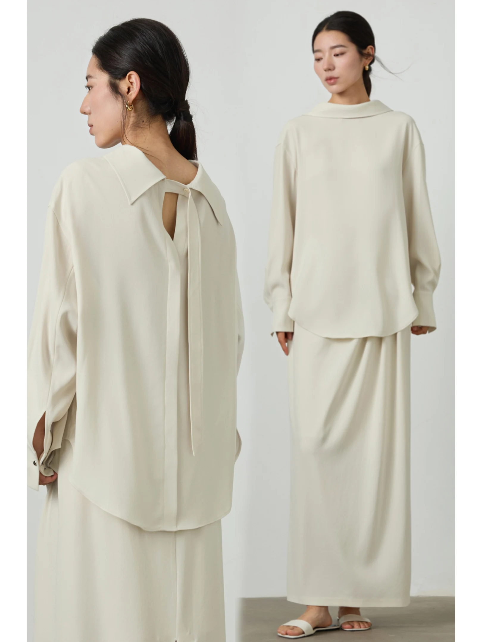 

LIAC ROC New Style Double-Sided Wear Loose Women's Shirt Draping Sense Collar Bow Design Casual Fashion Long Sleeve Business