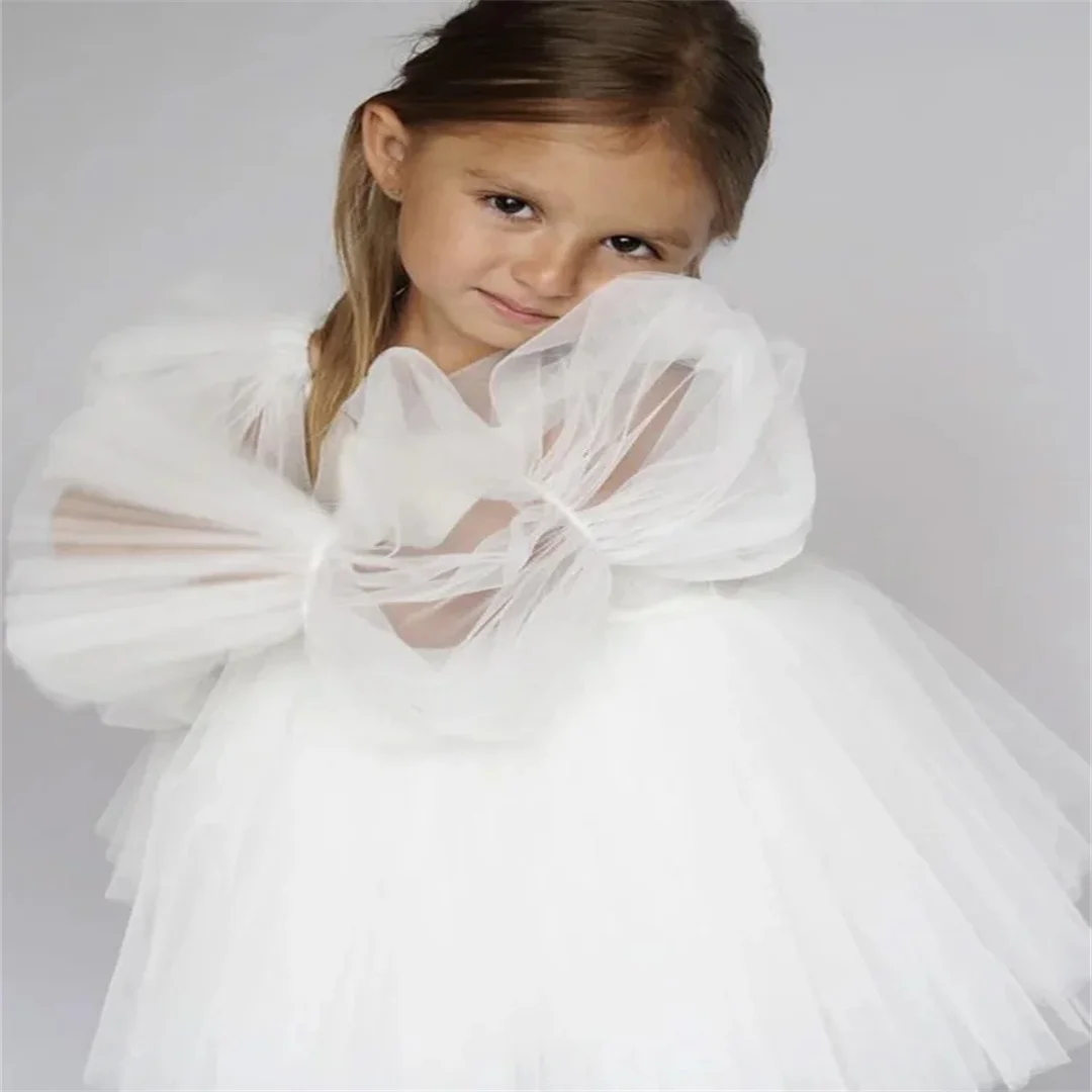 Pink Tulle Flower Girl Dress For Wedding Puffy Knee Length Long Sleeves Kids Party Ball Gown Christmas Pageant