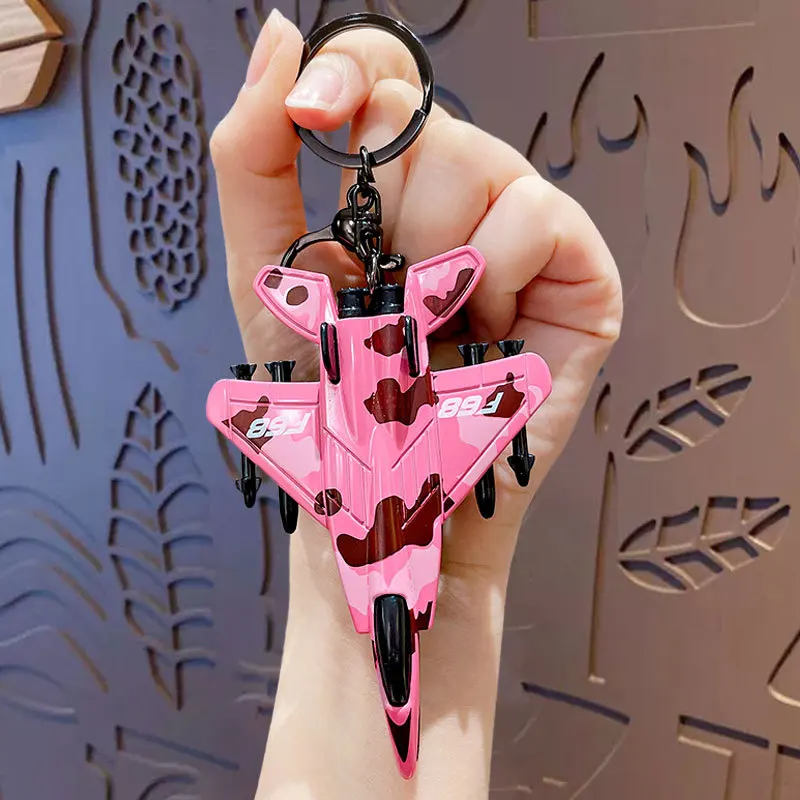 Creative Cartoon Simulation Fighter Aircraft Toy Model Keychain Pendant Inertia Aircraft Desktop Ornament Pull Back Car Boy Gift