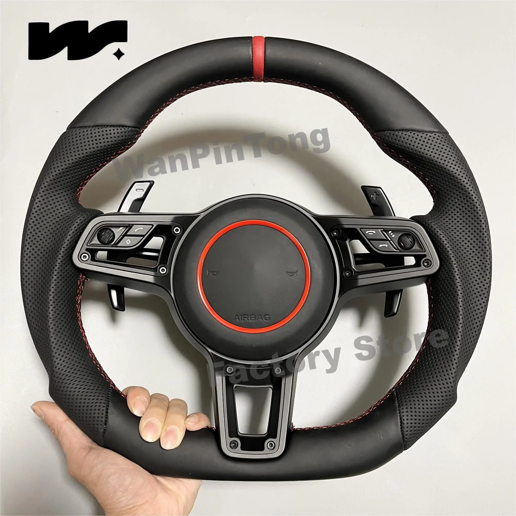 

Customized for Porsche, with red markings on the top, black perforated leather and black leather, sports style steering wheel