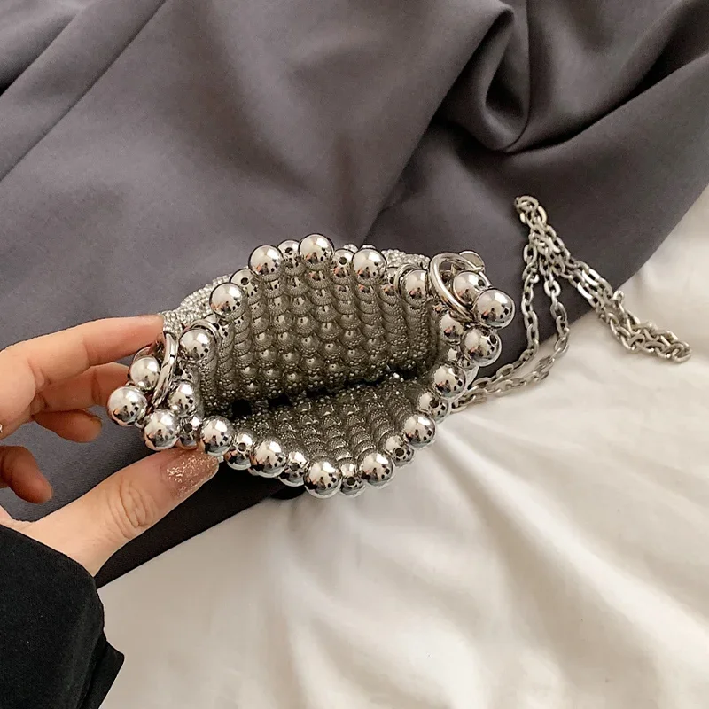 Handle Rhinestones Evening Clutch Bag Silver Party Wedding Purse Pearl Handbag 2024 Summer Handmade Beading Crossbody Phone Bag