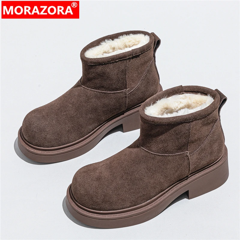 

MORAZORA 2026 New Cow Suede Leather Snow Boots Thick Fur Warm Ankle Boots Platform Winter Boots Ladies Shoes