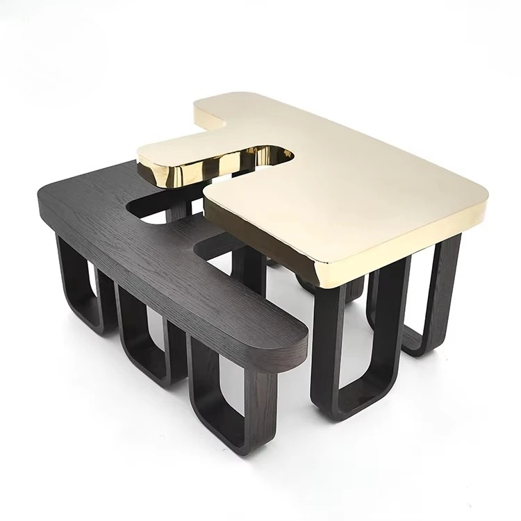 Luxury High-end Custom Double F Coffee Table High-end Designer Stainless Steel Living Room Home High-low Combination Tea Table