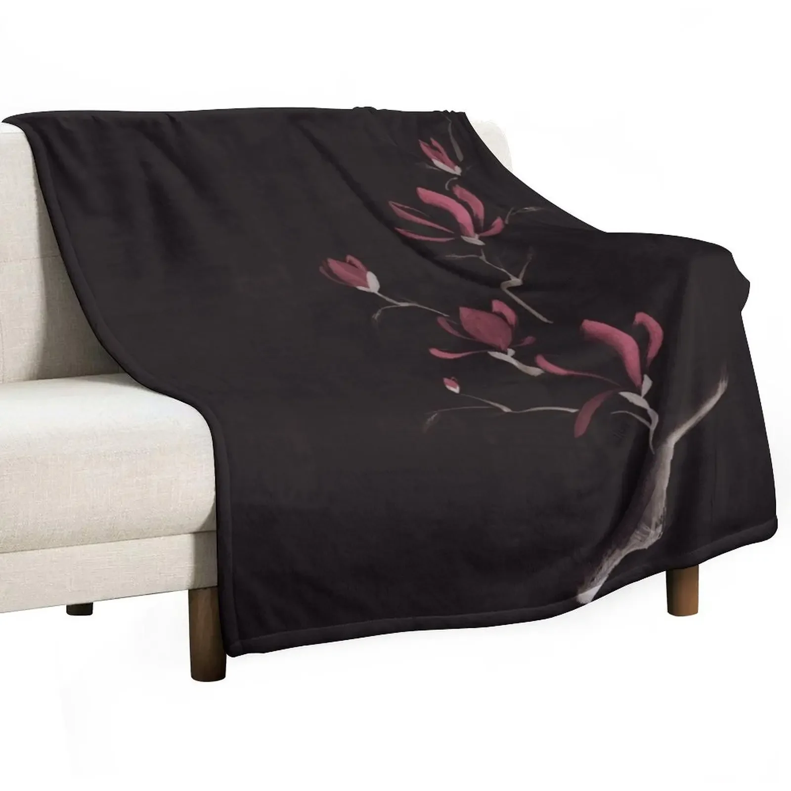 Exquisite dark sumi-e design of magnolia branch with large pink flowers on black art print Throw Blanket Vintage Thin Blankets