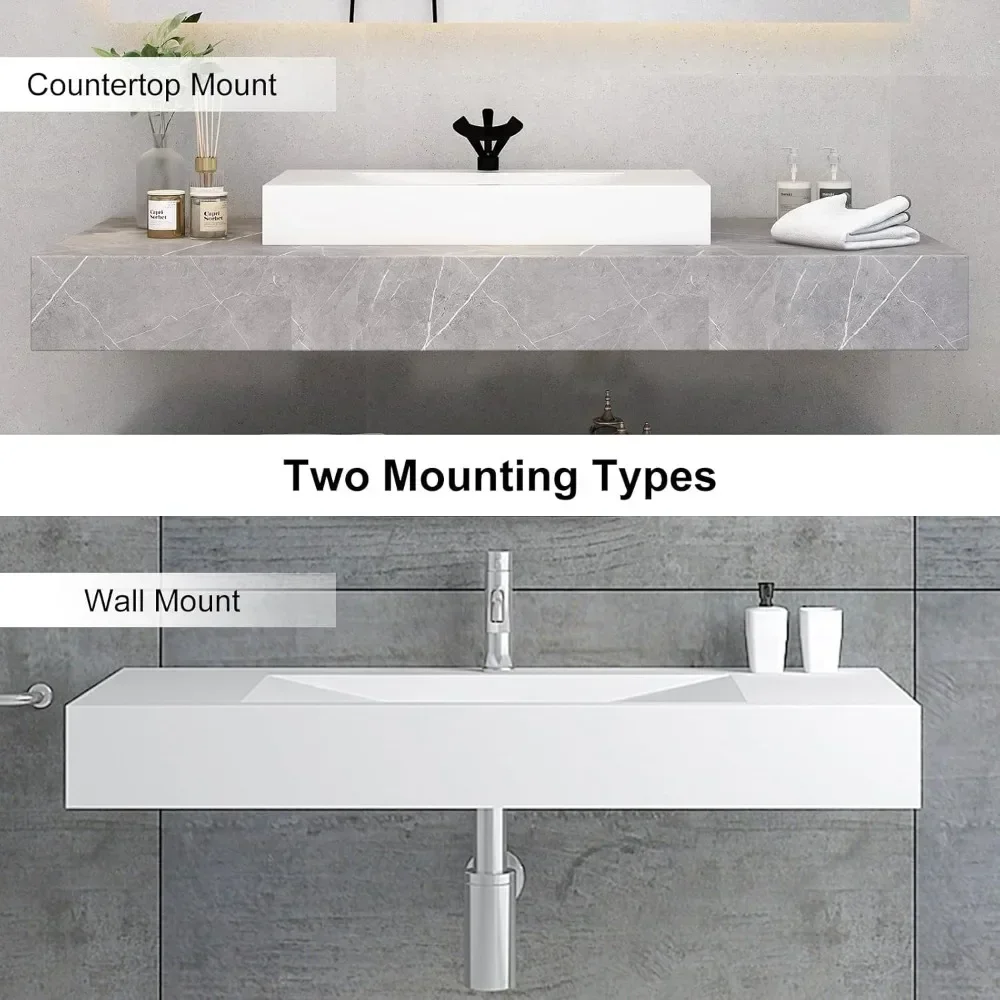 35'' Vessel Sink Wall-Mount Bathroom Sink V-Shaped Floating Sink Stone Resin in Matte White