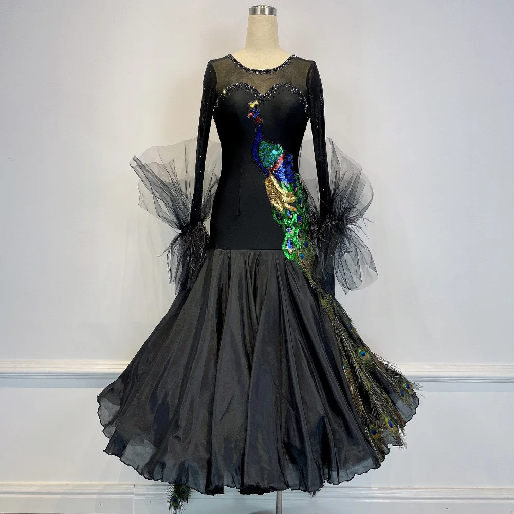 

Customized New Arrival Black Standard Ballroom Dance Dress Women Waltz Tango Dance Costume Feather Decoration For Competition