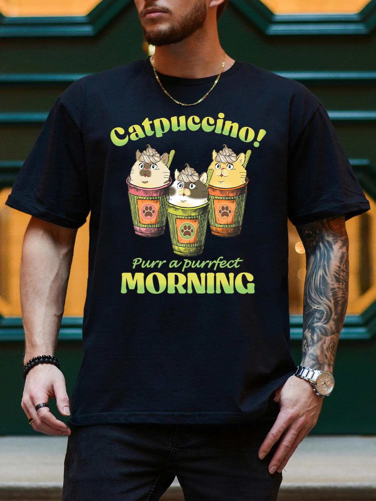 

Мужская футболка с рисунком Catpuccino Morning, повседневная черная футболка из чистого хлопка, легкая футболка с круглым вырезом