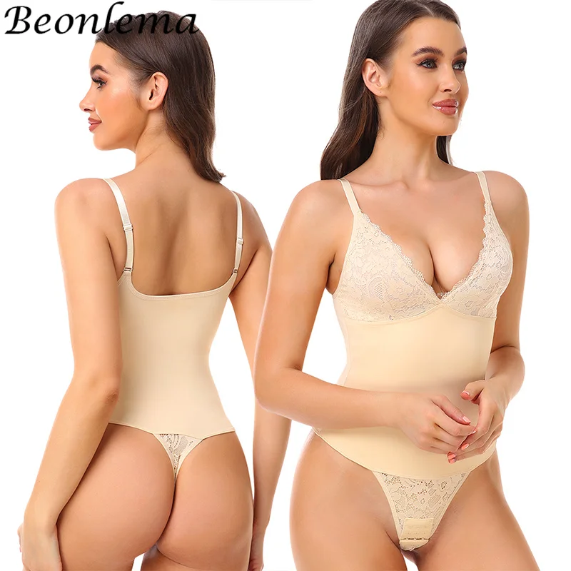 Women's V-neck Bodysuit Lace Open Crotch Shapewear Waist Trainer Lingerie Sexy Thong Slimming Sculpting  Underwear