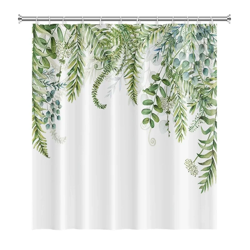 Simple Fresh Green Leaves Printed Shower Curtains Morden Bathroom Decor Waterproof Polyester Fabric Bathtub Screen with Hooks