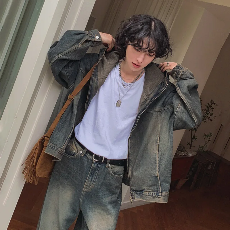 High Street Retro Zipper Denim Jacket for Men Fashion Korean Style Loose Hooded Jacket Coats+baggy Jeans Suit Y2k Streetwear Men