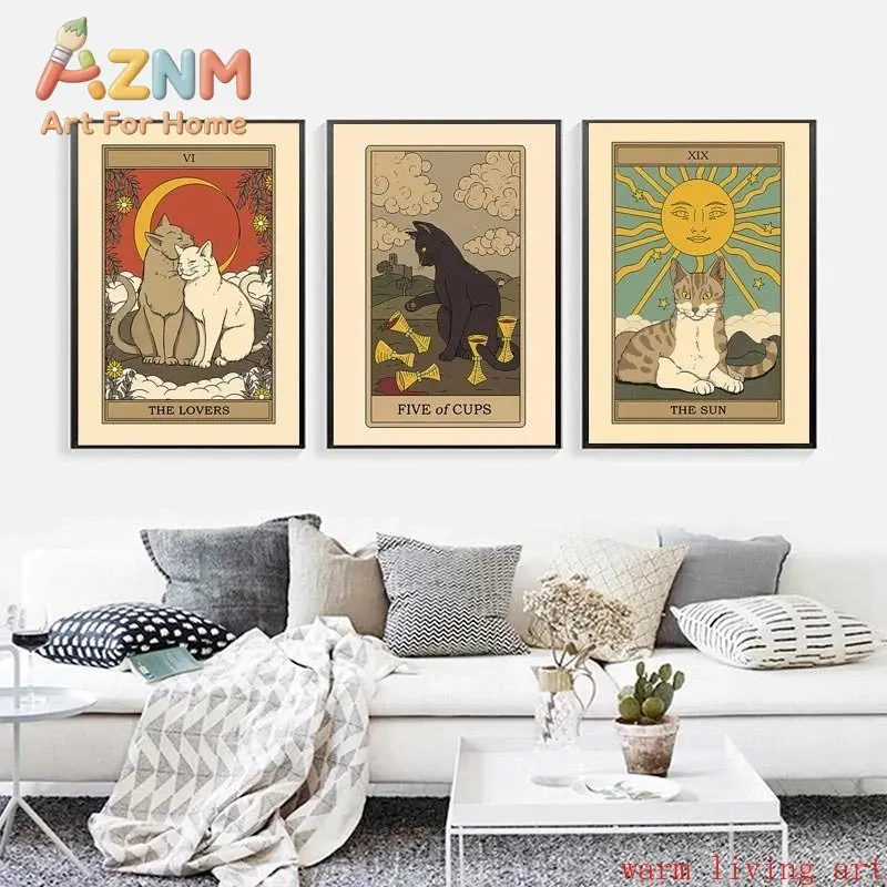 Abstract The Lovers Tarot Wall Art Canvas Painting Sun Star Empress Black Cat Posters Prints Living Room Halloween Home Decor